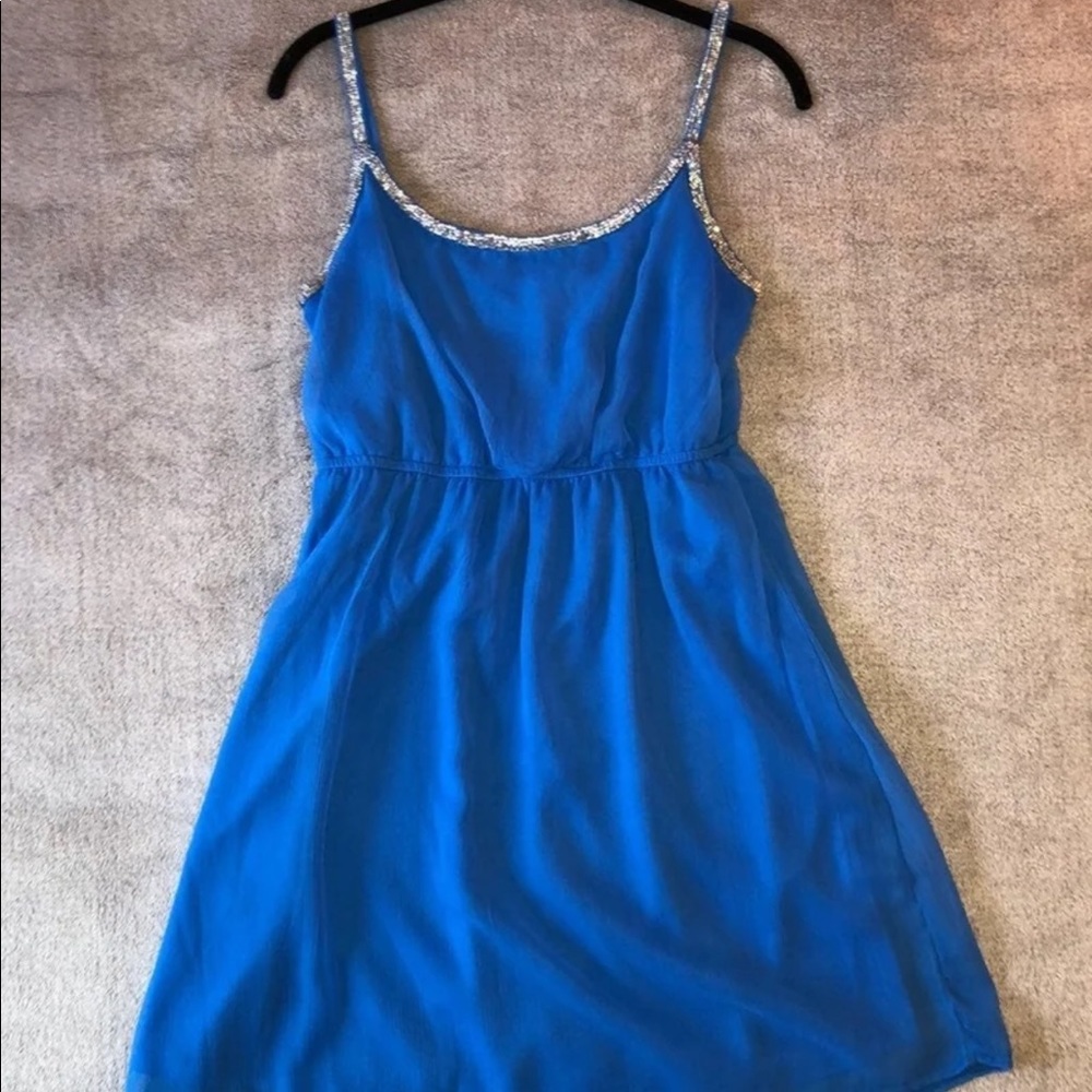 Crystal Beaded Bright Blue Mini Chiffon Dress
